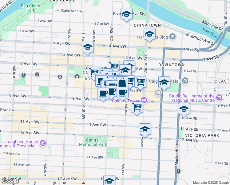 map of restaurants, bars, coffee shops, grocery stores, and more near 850 2 Street Southwest in Calgary