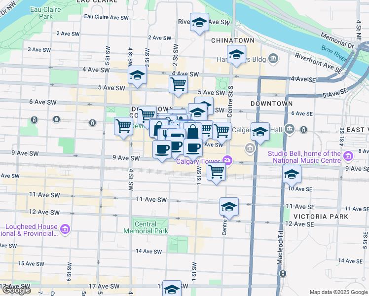 map of restaurants, bars, coffee shops, grocery stores, and more near 221 8 Avenue Southwest in Calgary