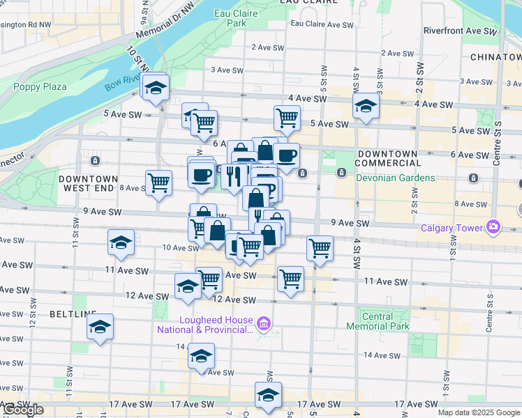 map of restaurants, bars, coffee shops, grocery stores, and more near 718 9 Avenue Southwest in Calgary