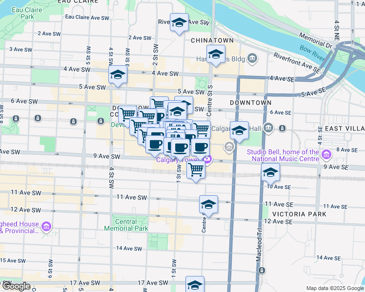 map of restaurants, bars, coffee shops, grocery stores, and more near 207 9 Avenue Southwest in Calgary