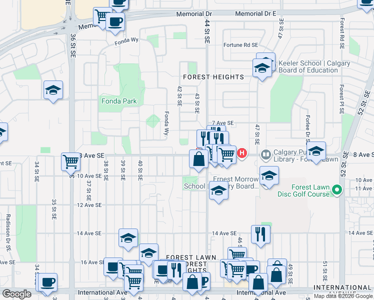 map of restaurants, bars, coffee shops, grocery stores, and more near 903 43 Street Southeast in Calgary