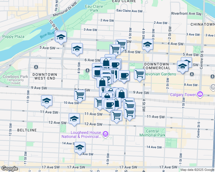 map of restaurants, bars, coffee shops, grocery stores, and more near 707 8 Avenue Southwest in Calgary