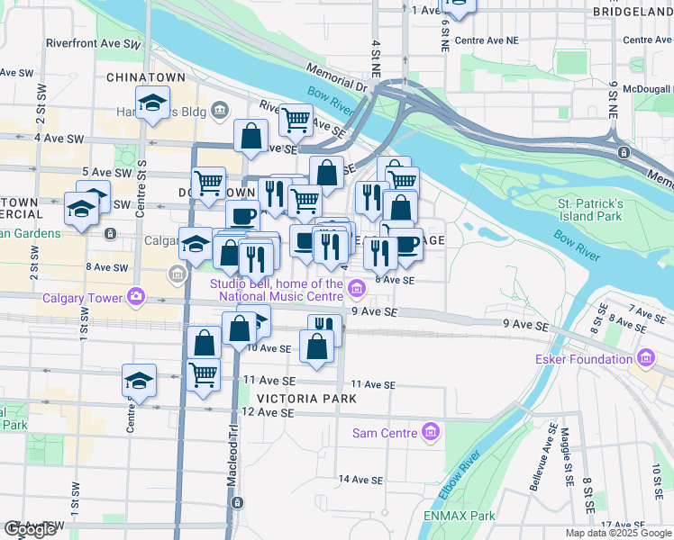 map of restaurants, bars, coffee shops, grocery stores, and more near 434 8 Avenue Southeast in Calgary