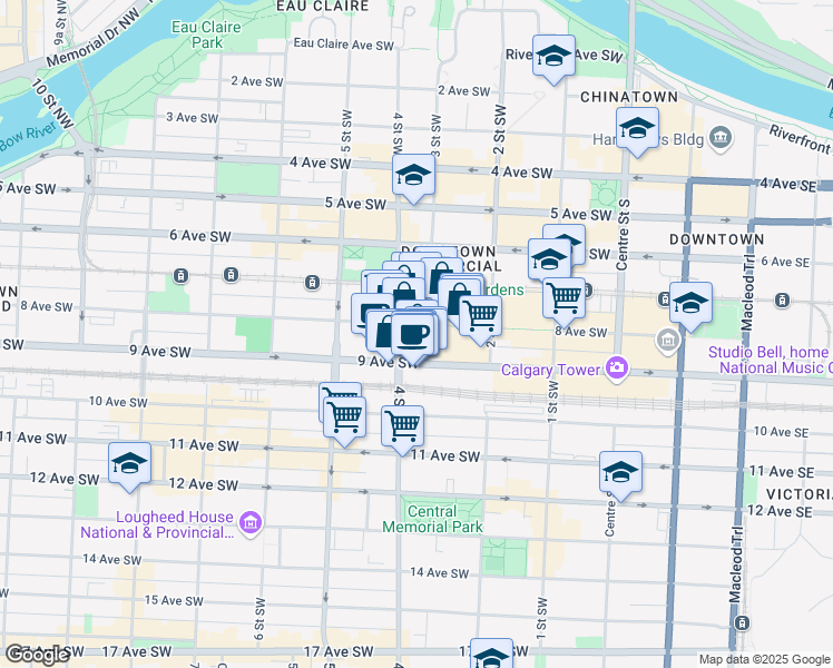 map of restaurants, bars, coffee shops, grocery stores, and more near 401 9 Avenue Southwest in Calgary