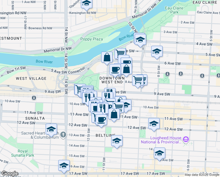 map of restaurants, bars, coffee shops, grocery stores, and more near 2 11 Street Southwest in Calgary
