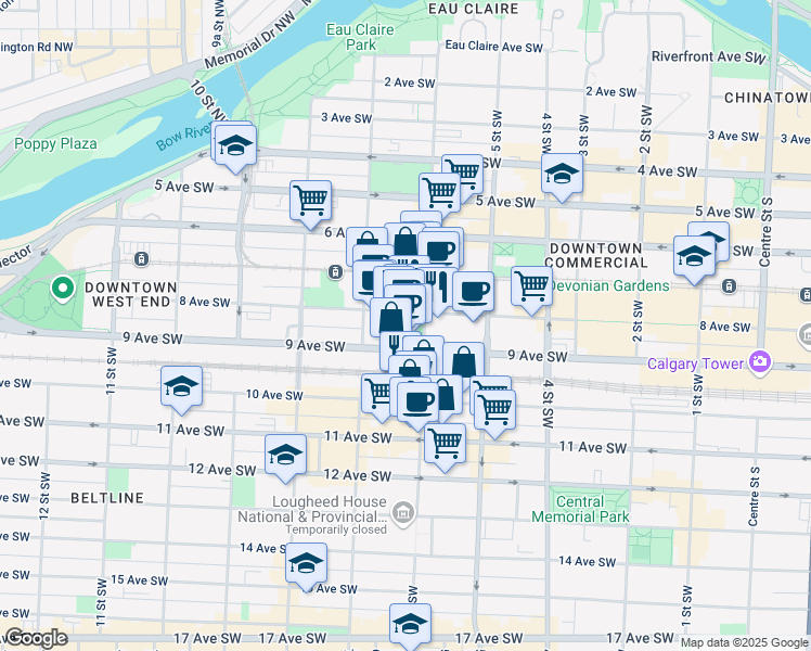 map of restaurants, bars, coffee shops, grocery stores, and more near 707 8 Avenue Southwest in Calgary