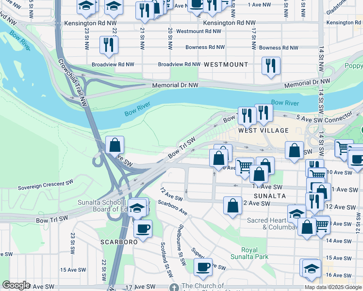 map of restaurants, bars, coffee shops, grocery stores, and more near 4312 Bow Trail Southwest in Calgary