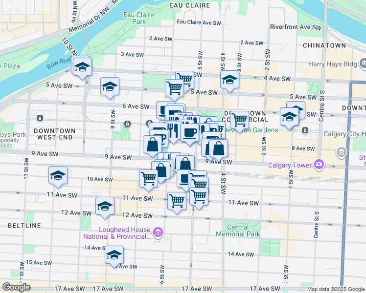 map of restaurants, bars, coffee shops, grocery stores, and more near 620 9 Avenue Southwest in Calgary