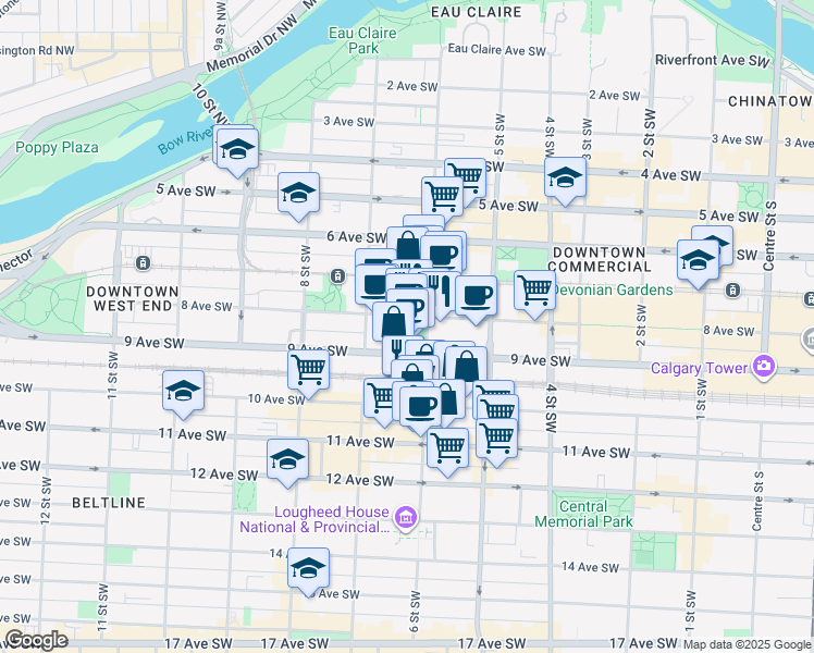 map of restaurants, bars, coffee shops, grocery stores, and more near 707 8 Avenue Southwest in Calgary