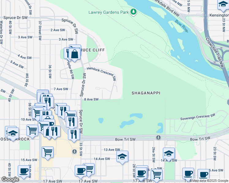 map of restaurants, bars, coffee shops, grocery stores, and more near 24 Hemlock Crescent Southwest in Calgary