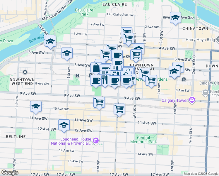 map of restaurants, bars, coffee shops, grocery stores, and more near in Calgary