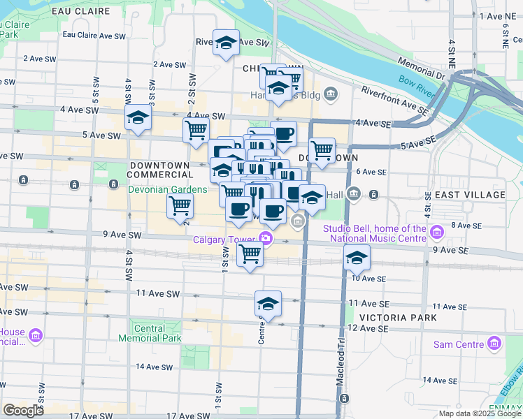 map of restaurants, bars, coffee shops, grocery stores, and more near 101 7 Avenue Southwest in Calgary