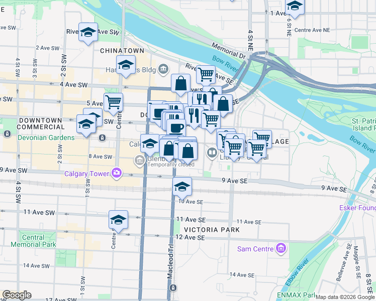 map of restaurants, bars, coffee shops, grocery stores, and more near 800 Macleod Trail Southeast in Calgary