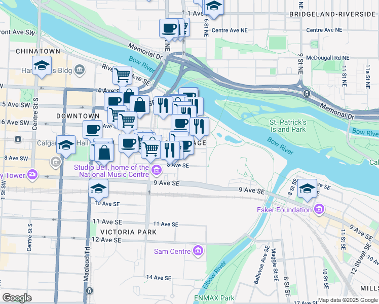 map of restaurants, bars, coffee shops, grocery stores, and more near in Calgary