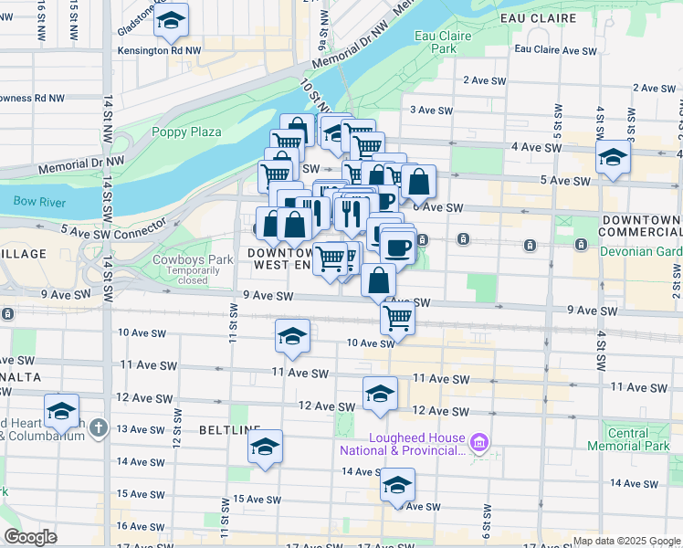 map of restaurants, bars, coffee shops, grocery stores, and more near 1011 9 Street Southwest in Calgary