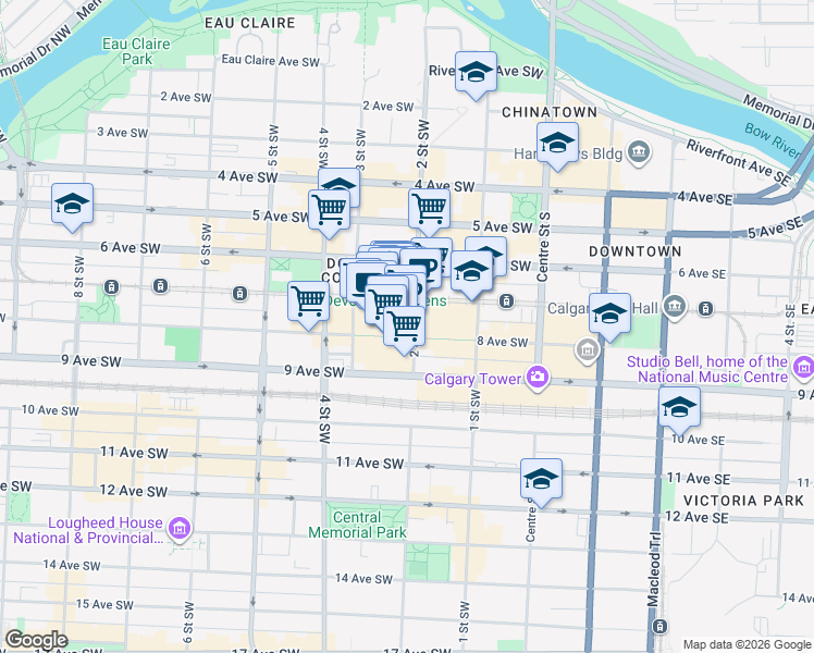 map of restaurants, bars, coffee shops, grocery stores, and more near 324 8 Avenue Southwest in Calgary