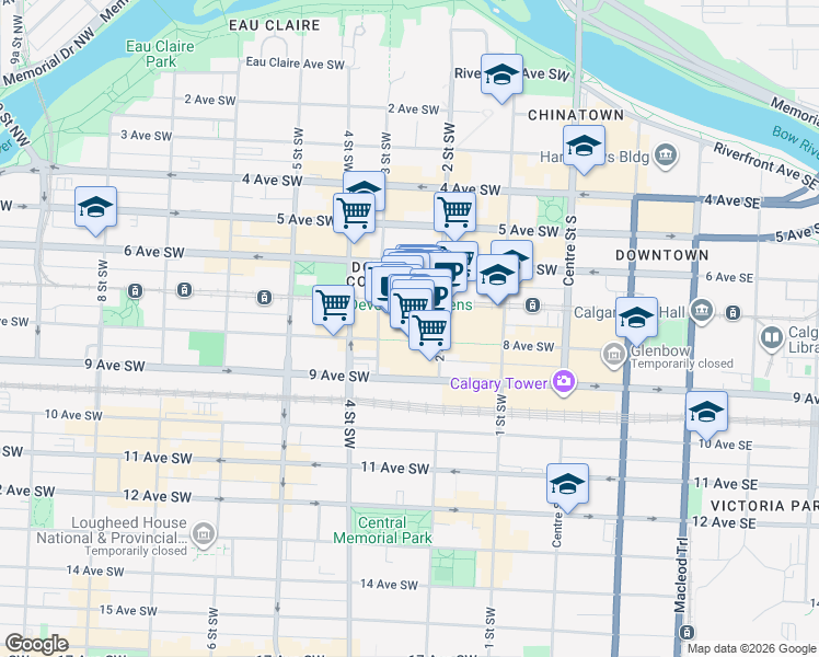 map of restaurants, bars, coffee shops, grocery stores, and more near 324 8 Avenue Southwest in Calgary