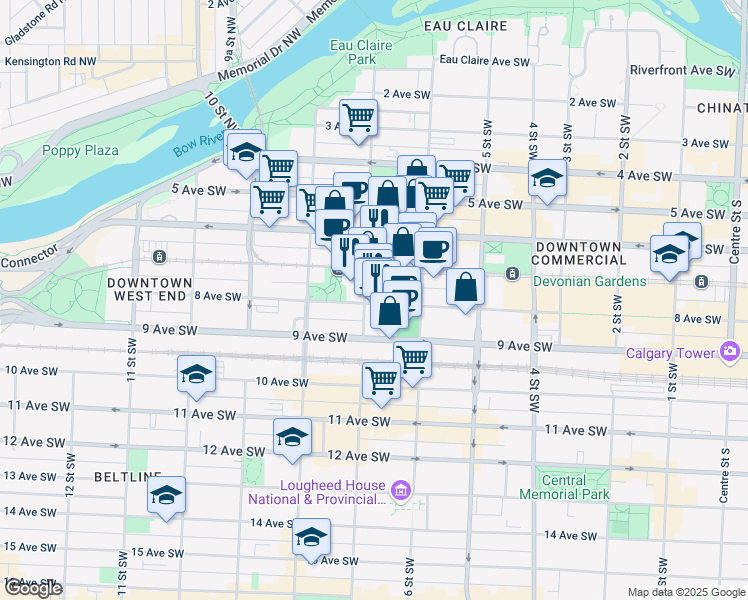 map of restaurants, bars, coffee shops, grocery stores, and more near in Calgary