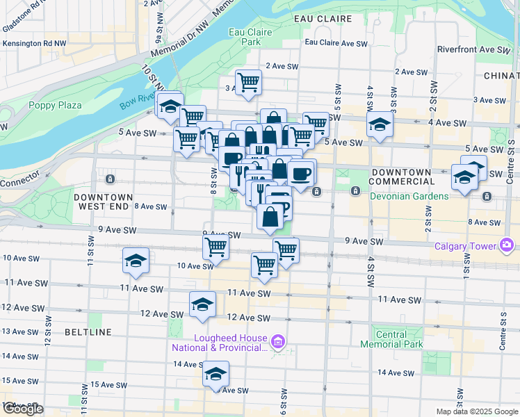 map of restaurants, bars, coffee shops, grocery stores, and more near in Calgary