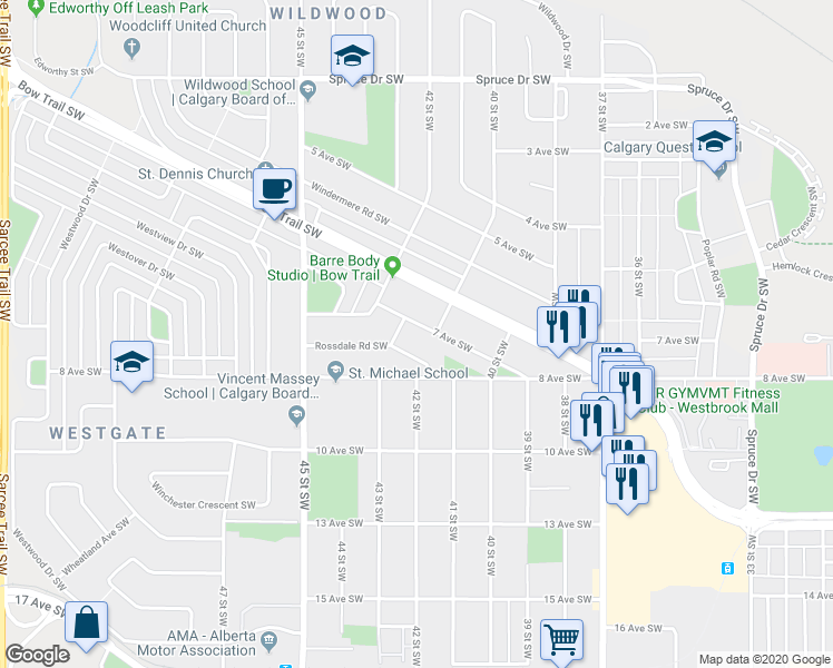 map of restaurants, bars, coffee shops, grocery stores, and more near 4223 7 Avenue Southwest in Calgary