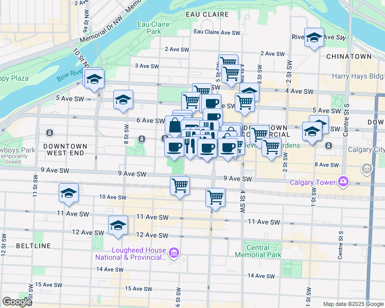 map of restaurants, bars, coffee shops, grocery stores, and more near in Calgary