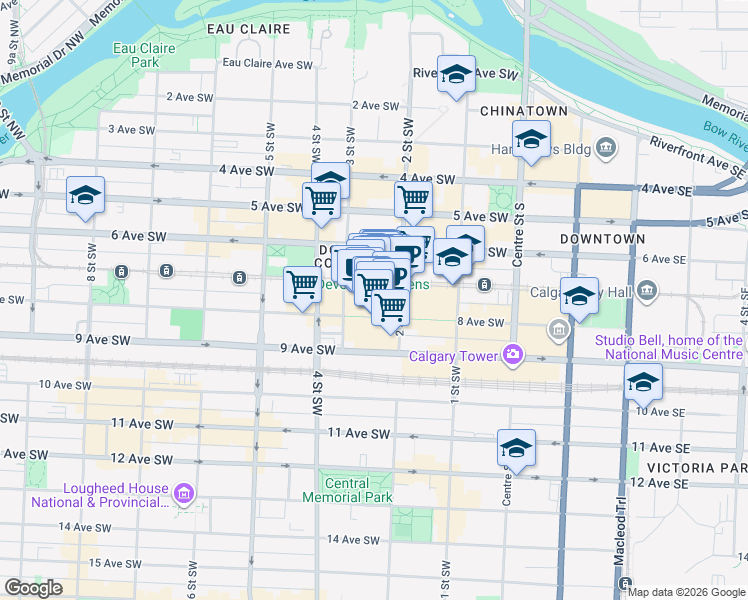 map of restaurants, bars, coffee shops, grocery stores, and more near in Calgary