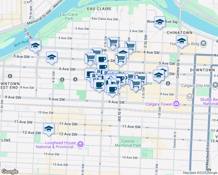 map of restaurants, bars, coffee shops, grocery stores, and more near in Calgary