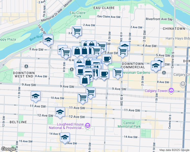 map of restaurants, bars, coffee shops, grocery stores, and more near 707 6 Street Southwest in Calgary