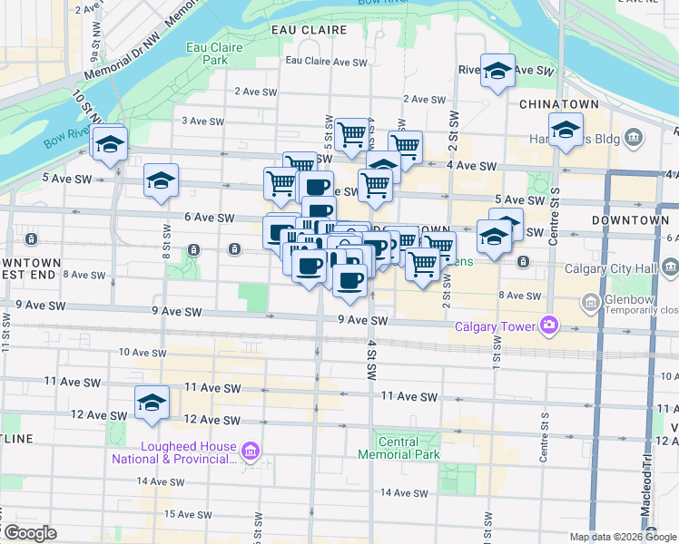 map of restaurants, bars, coffee shops, grocery stores, and more near 440 2 Avenue Southwest in Calgary