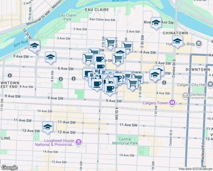 map of restaurants, bars, coffee shops, grocery stores, and more near in Calgary