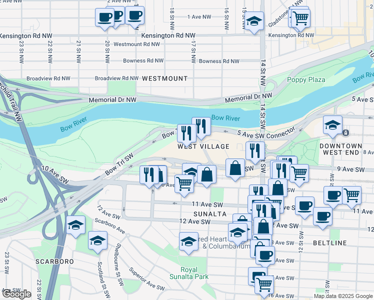 map of restaurants, bars, coffee shops, grocery stores, and more near 16 St SW in Calgary