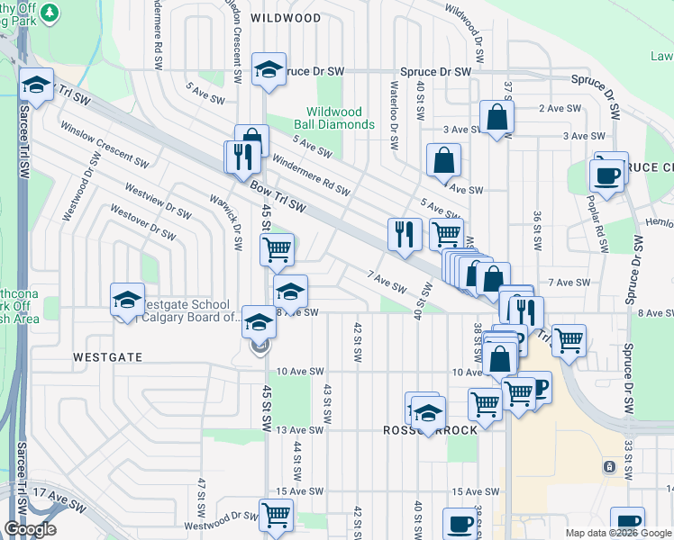 map of restaurants, bars, coffee shops, grocery stores, and more near 6 Rossdale Road Southwest in Calgary