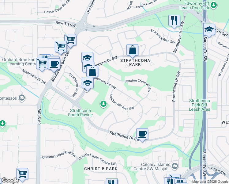 map of restaurants, bars, coffee shops, grocery stores, and more near 7 Stratton Hill Rise Southwest in Calgary
