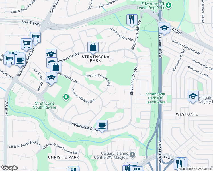 map of restaurants, bars, coffee shops, grocery stores, and more near 39 Stratton Crescent Southwest in Calgary