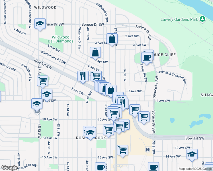 map of restaurants, bars, coffee shops, grocery stores, and more near 640 38 Street Southwest in Calgary