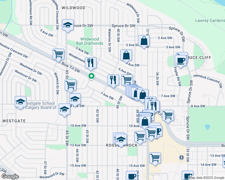 map of restaurants, bars, coffee shops, grocery stores, and more near in Calgary