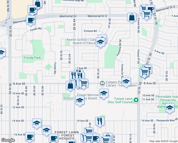 map of restaurants, bars, coffee shops, grocery stores, and more near 4531 7 Avenue Southeast in Calgary