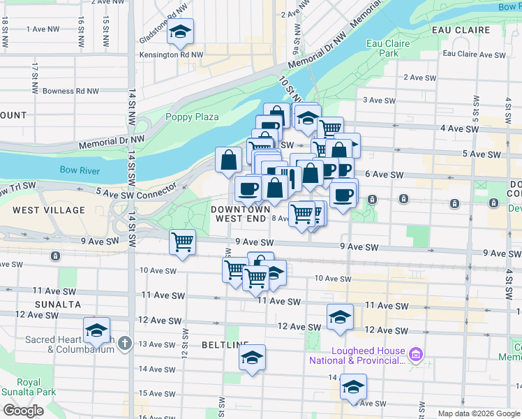 map of restaurants, bars, coffee shops, grocery stores, and more near in Calgary
