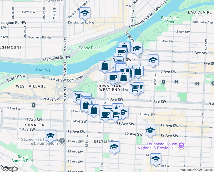 map of restaurants, bars, coffee shops, grocery stores, and more near 750 11 Street Southwest in Calgary