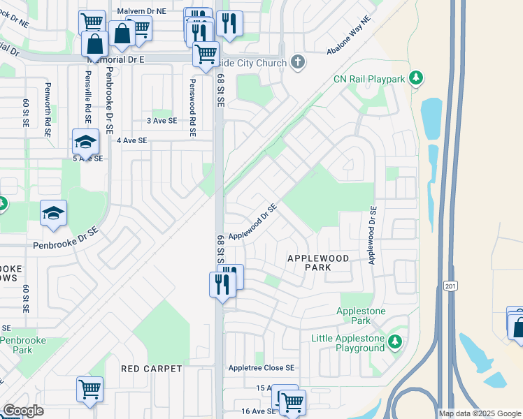 map of restaurants, bars, coffee shops, grocery stores, and more near 936 Applewood Drive Southeast in Calgary