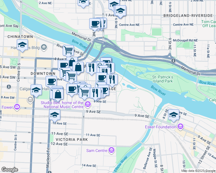map of restaurants, bars, coffee shops, grocery stores, and more near in Calgary
