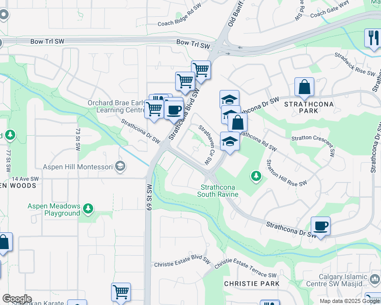 map of restaurants, bars, coffee shops, grocery stores, and more near 63 Strathaven Circle Southwest in Calgary