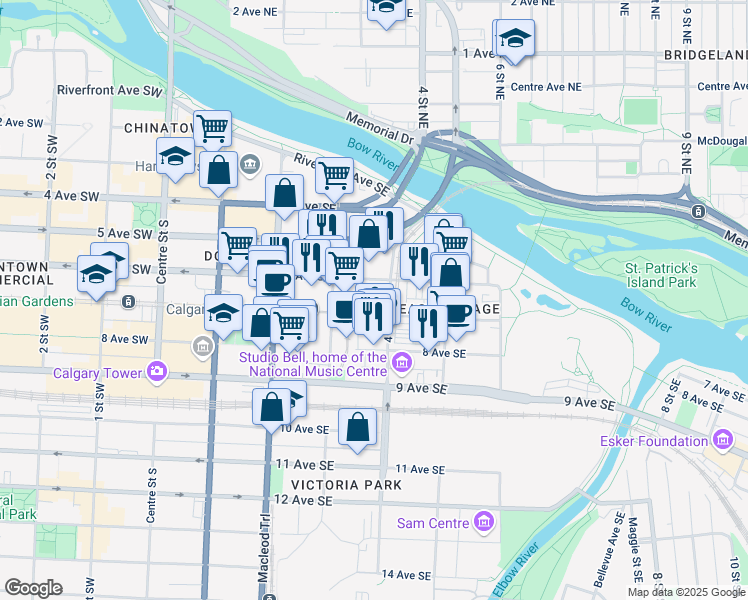 map of restaurants, bars, coffee shops, grocery stores, and more near 407 6 Avenue Southeast in Calgary