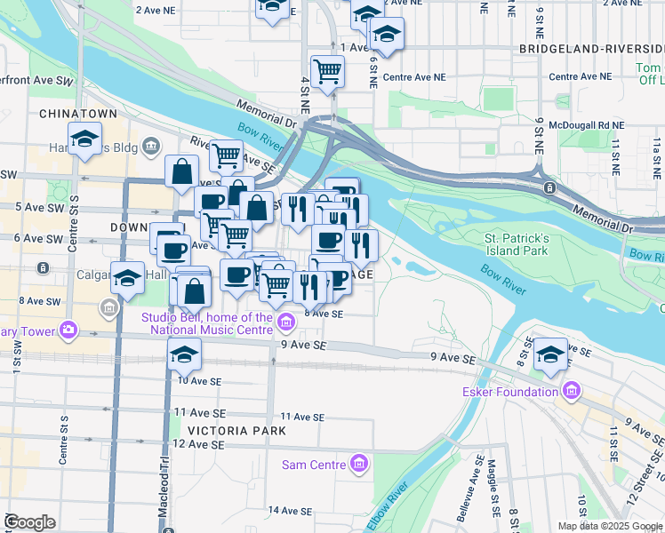 map of restaurants, bars, coffee shops, grocery stores, and more near in Calgary