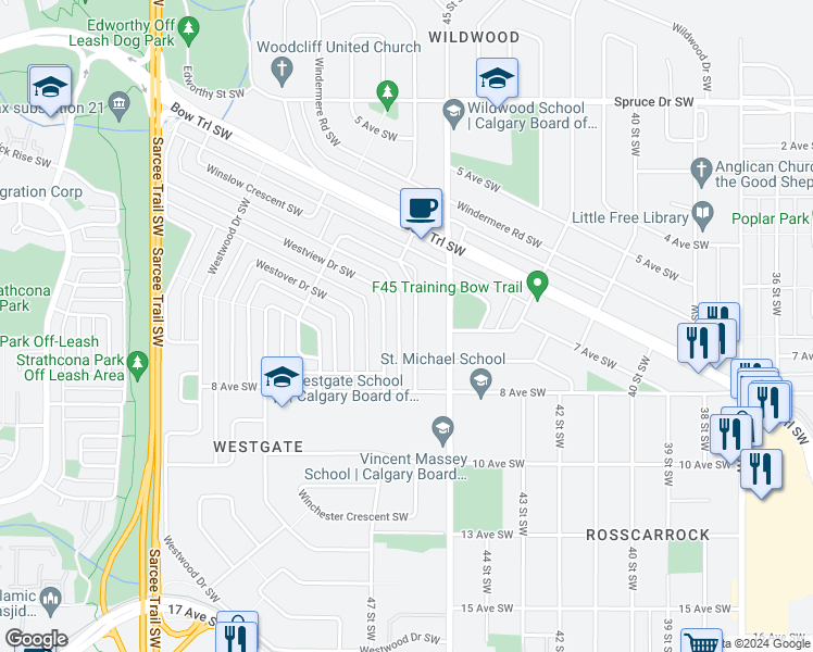 map of restaurants, bars, coffee shops, grocery stores, and more near 37 Warwick Drive Southwest in Calgary
