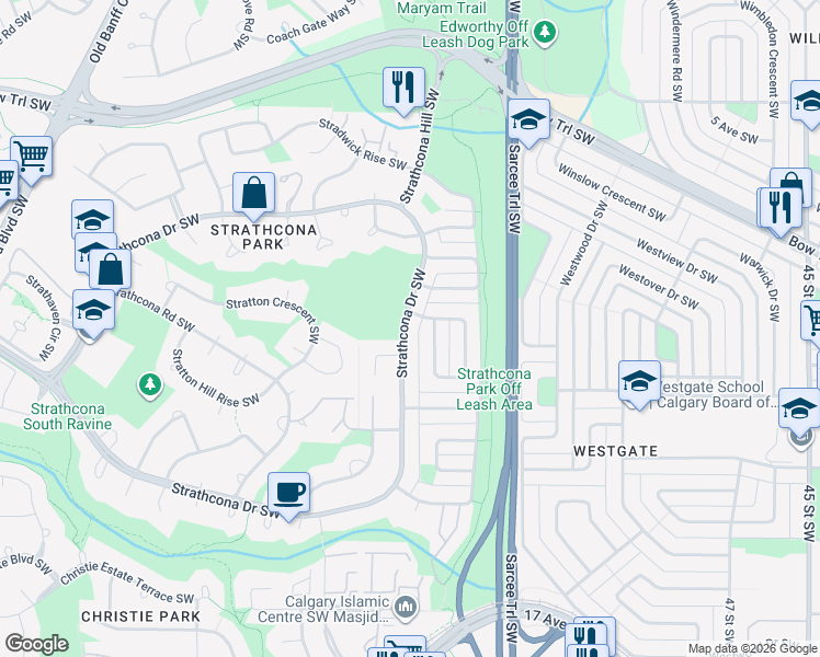 map of restaurants, bars, coffee shops, grocery stores, and more near 590 Strathcona Drive Southwest in Calgary