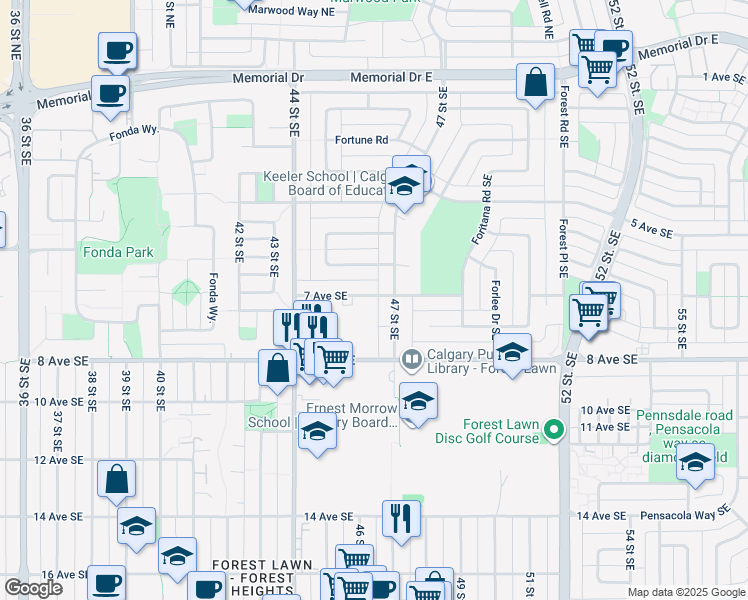 map of restaurants, bars, coffee shops, grocery stores, and more near 4531 7 Avenue Southeast in Calgary