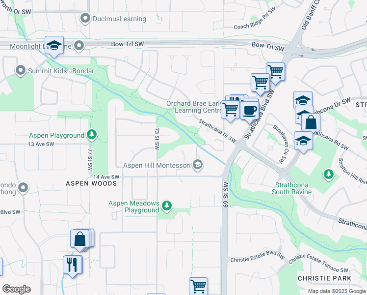 map of restaurants, bars, coffee shops, grocery stores, and more near 39 Aspen Ridge Lane Southwest in Calgary