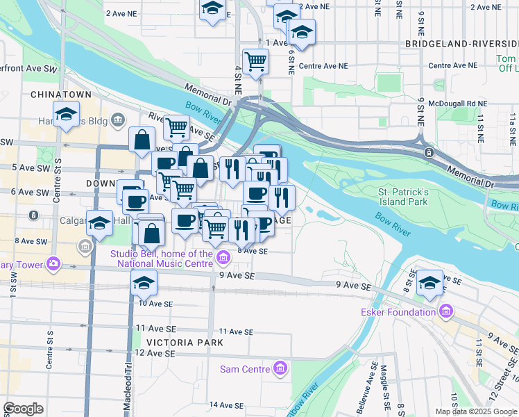 map of restaurants, bars, coffee shops, grocery stores, and more near in Calgary