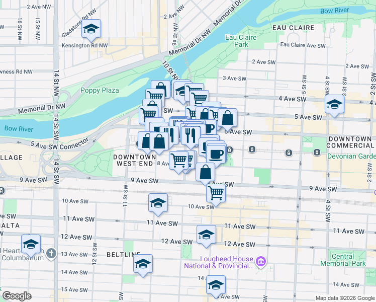map of restaurants, bars, coffee shops, grocery stores, and more near 700 9 Street Southwest in Calgary
